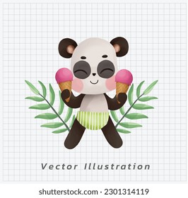 Summer vacation concept. Happy Cute kawaii Panda with yummy ice cream in both hands. vector cartoon watercolor illustration. 