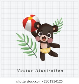 Summer vacation concept. happy Cute kawaii black bear is enjoy with beach ball. vector cartoon watercolor illustration. 