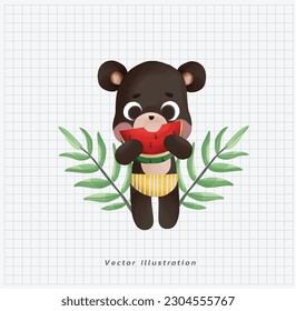 Summer vacation concept. Happy Cute kawaii black bear eating a big half piece of watermelon. vector cartoon watercolor illustration. 