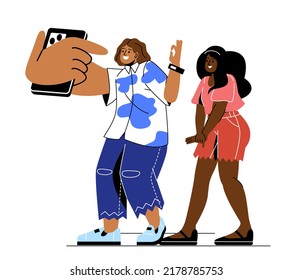 Summer vacation concept. Happy smiling guy and girl take selfies or photos on smartphone or phone. Friends or couple relax and have fun together. Cartoon flat vector illustration in doodle style