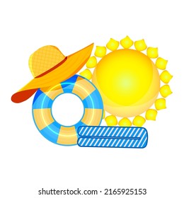 Summer vacation concept. Holiday items set isolated on white background. Sun, hat, bonnet, towel and inflatable swim ring for resort seashore. Relax, rest or summertime design. Vector illustration