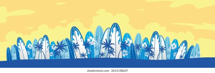 Summer vacation concept with horizontal blue surfboards . Vector background 