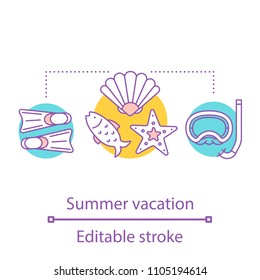 Summer vacation concept icon. Undersea rest. Swimming idea thin line illustration. Underwater diving equipment. Vector isolated outline drawing. Editable stroke
