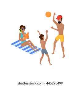 Summer vacation concept illustration. Vector flat design. Leisure on tropical sunny seaside with family. Beach entertainments and games. Volleyball in a tropical country