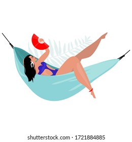 Summer vacation concept. Image of a girl carefree lying in a hammock with a fan in her hands. Vector stock illustration. Isolated on a white background.
