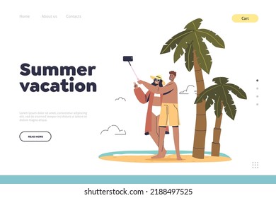 Summer vacation concept of landing page with happy couple of tourists taking selfie photo on beach at tropical sea resort. Young man and woman at seaside together. Cartoon flat vector illustration