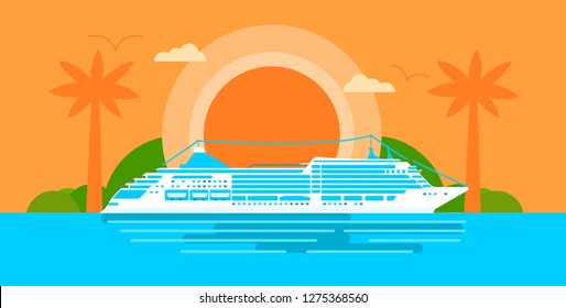 Summer vacation concept: Large cruise ship at sunset in ocean close to tropical beach with palm and island. Vector illustration in flat style.