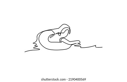 Concepto de vacaciones de verano en estilo de dibujo de arte lineal. Costa del mar, paraguas, gente relajándose en la playa.