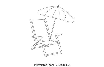 Concepto de vacaciones de verano en estilo de dibujo de arte lineal. Costa del mar, paraguas, gente relajándose en la playa.