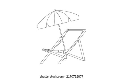 Summer vacation concept in line art drawing style. Coast of the sea, umbrella, people relaxing on a beach.