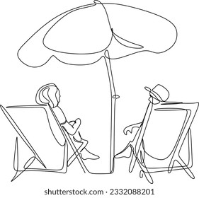 Summer vacation concept in line art drawing style. Coast of the sea, umbrella, people relaxing on a beach.