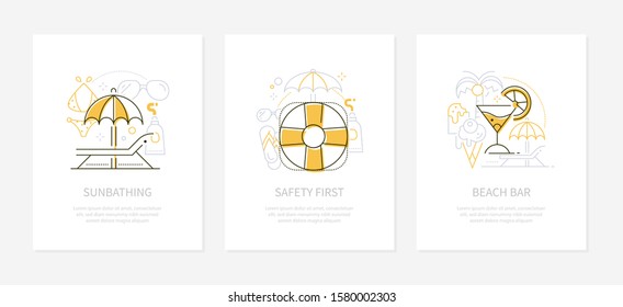 Summer vacation concept - line design style banners with place for your text. Sunbathing, safety first, beach bar themes. Linear illustrations with icons. Images of sunbed, life ring, cocktail