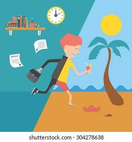 Summer vacation concept. Man running from office to tropical beach