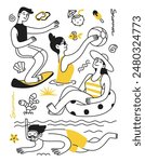 Summer vacation concept. Summer mood. People, men and women on the beach, in the sea, cocktail, swimming circle. Vector doodles for poster, print, banner