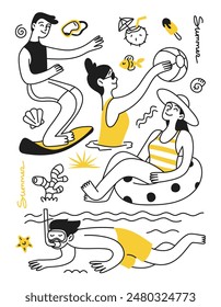 Summer vacation concept. Summer mood. People, men and women on the beach, in the sea, cocktail, swimming circle. Vector doodles for poster, print, banner