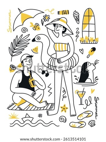 Summer vacation concept. Summer mood, vibe. People, men and women on the beach, in the sea, cocktail, swimming ring. Illustration for poster, print, banner
