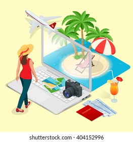 Summer vacation concept. Online ticket booking. Internet e-commerce, travel and technology. People traveling on vacation holiday in summer season 