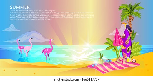 Summer vacation concept with pink flamingos, wave, surfboard, towel, umbrella, camera, palm tree. Beach paradise landscape with azure ocean, sand, copy space and clouds. Background in cartoon style