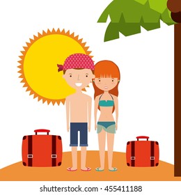 Summer and vacation concept represented by couple cartoon and sun icon. Colorfull and flat illustration. 