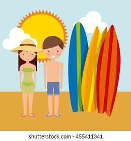 Summer and vacation concept represented by surf board couple cartoon and sun icon. Colorfull and flat illustration. 