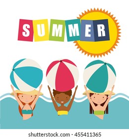 Summer and vacation concept represented by girls balls and sun icon. Colorfull and flat illustration. 