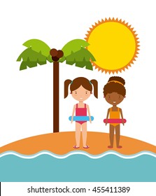 Summer and vacation concept represented by girls sun and palm tree icon. Colorfull and flat illustration. 