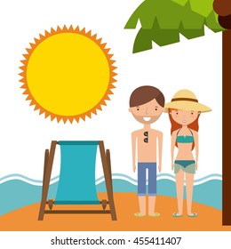 Summer and vacation concept represented by chair couple cartoon sea and sun icon. Colorfull and flat illustration. 
