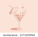 Summer vacation concept retro illustration with summer cocktail glass with umbrella and woman legs isolated on pink background. Vector illustration