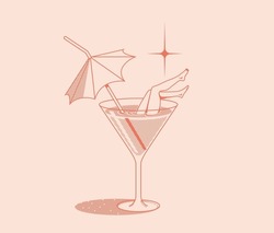 Concept De Vacances D'été Illustration Rétro Avec Verre De Cocktail D'été Avec Parapluie Et Jambes De Femme Isolées Sur Fond Rose. Illustration Vectorielle