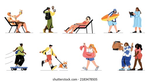 Concepto de vacaciones de verano. Escenas con hombres y mujeres relajándose en la playa, patinando, leyendo un libro, caminando con mascotas y acampando. Colección vectorial plana de dibujos animados aislada en fondo blanco