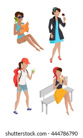 Summer vacation concept. Set vector illustrations womana summer characters. Female figures in flat design. Women hiking, tanning with book, eating ice-cream, drinking juice on bench.
