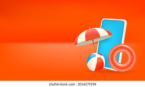 Summer vacation concept with smartphone and beach stuff
