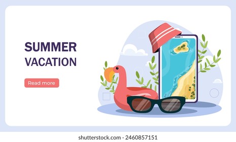 Summer vacation concept with smartphone, inflatable flamingo, sunglasses, beach graphics, and Read more button on a blue background. Vector illustration.