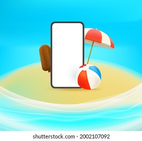 Summer vacation concept with smartphone on a island