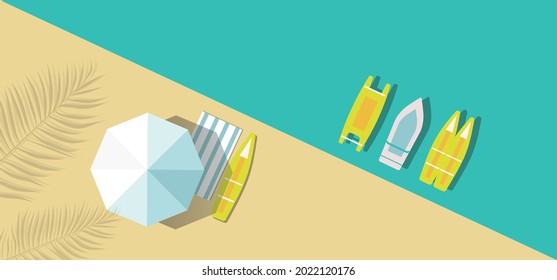 Concepto de vacaciones de verano. Paraguas solares, accesorios de playa,  
tablas de surf y catamaranes.  Vista superior. Ilustración vectorial plana. Diseño minimalista