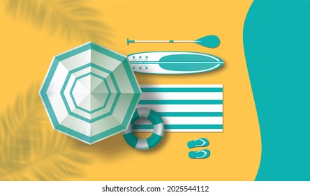 Sommerurlaub Konzept. Sonnenschirm, SUP-Brett und Strandzubehör.  Draufsicht. Flache Vektorgrafik. Meer, Strand und Schatten von Palmen. Minimaldesign