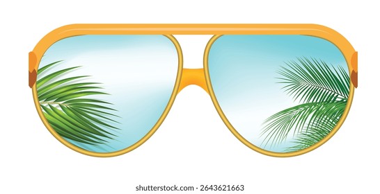 Summer vacation concept. Sunglasses with ocean beach and palms on white background.