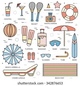 Summer vacation concept in thin lines style design. Beach umbrella, lifebuoy, diving, equipment, towel, ocean, supplie, landscape. Vector abstract template for greeting card or invitation