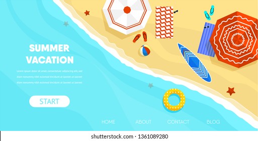 Summer Vacation Concept. Top View Coast Beach Sand Background with Umbrella Ball Sunglasses Surfboard Swimming Ring Vector Illustration. Sea Island Ocean Shore Family Relax Resort Trip