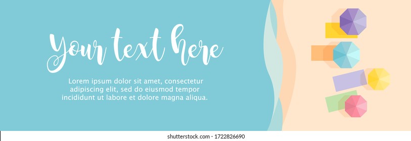 Summer Vacation Concept. Top View Coast Beach Sand Background with Umbrella. Horizontal Website Banner.