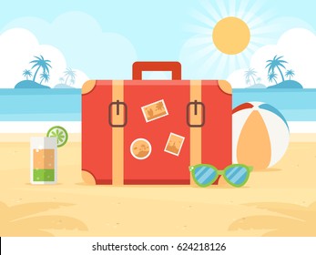 Summer Vacation Concept. Travel Bag, Cocktail, Sunglasses and Beach Ball on a Beach. Flat Design Style.  