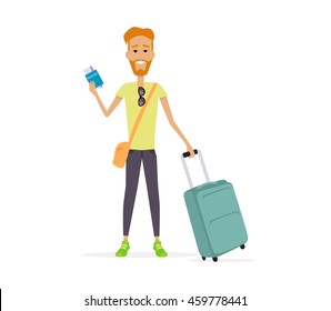 Summer vacation concept. Traveling with baggage illustration. Flat style design. Smiling redheaded man with trolley suitcase holding documents. Isolated on white background.