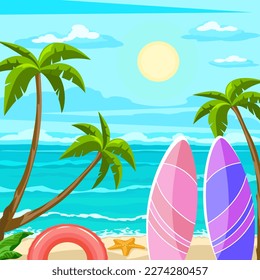 Summer vacation concept, tropical beach and surfboards, seaside holiday vector illustration. 