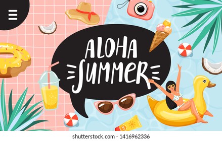  Concepto de vacaciones de verano. Letrero tipográfico "Aloha verano". Mujer feliz en el anillo de nado y elementos de playa. Concepto de descanso y vacaciones de verano. Diseño para banner, página de inicio, invitación, etc. Vector.