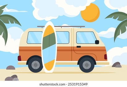 Conceito de férias de verão. Van com prancha de surfe na praia. viagens e turismo. Férias em países tropicais. Viagem para a costa e praia de areia. Ilustração de vetor plano