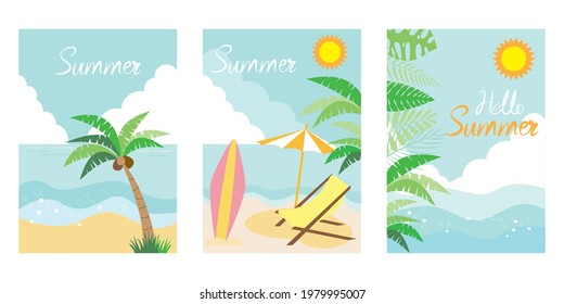 Summer Vacation concept vector templates. Summer beach, sky, Tropical leaves, Coconut tree, white cloud illustration. summer greeting cards, invitations, frames and banner design.