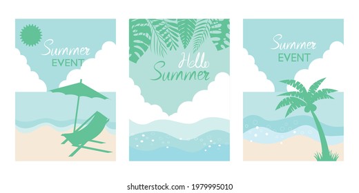 Summer Vacation concept vector templates. Summer beach, sky, Tropical leaves, Coconut tree, white cloud illustration. summer greeting cards, invitations, frames and banner design.