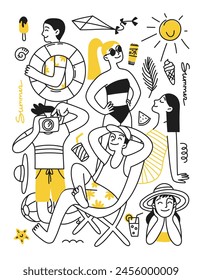 Concepto de vacaciones de verano. Ambiente veraniego. Personas, hombres y mujeres en la playa, sol, cóctel, sombrero de playa, bikini. Ilustración de garabato de Vector para póster, impresión, Anuncio