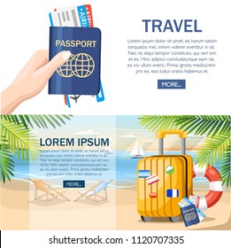 Summer vacation concept. Yellow luggage, passport, ticket on summer beach. Flat style design. Vector illustration on beach background with green palm leaves. Web site page and mobile app design.