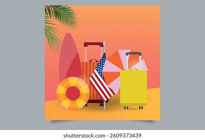 Summer vacation concept. Yellow luggage, Surfing board on summer beach. Flat design. Illustration on beach background with green palm leaves. Website and mobile app page design.